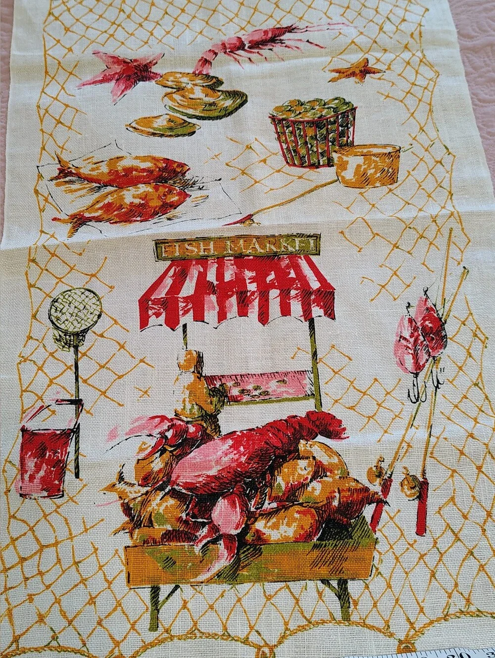 Set Of 2 Fish Market & Farm House 100% Linen Tea Dish Towels Vintage MCM Poland